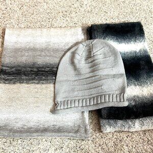 Infinity scarf gray and white stripe and gray knitted stocking hat rolled edge